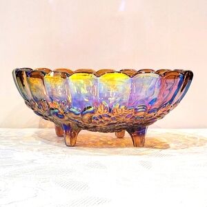 VTG Amber Iridescent, Footed Oval Indiana Carnival Glass, Harvest Fruit Bowl